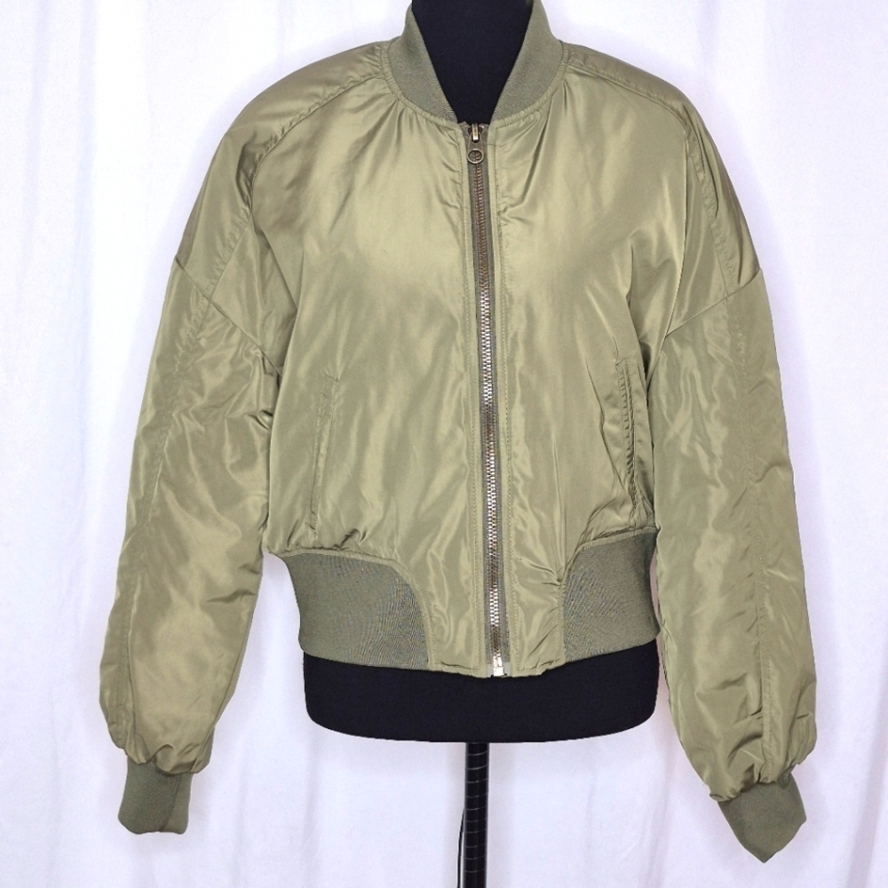 Happily Grey Cropped Bomber Jacket in Olive Green - Size L